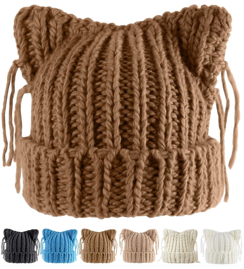 1341 Cat Ear Beanie Warm Winter Cap Chunky Knit Crochet Hat Lazy Slouchy
